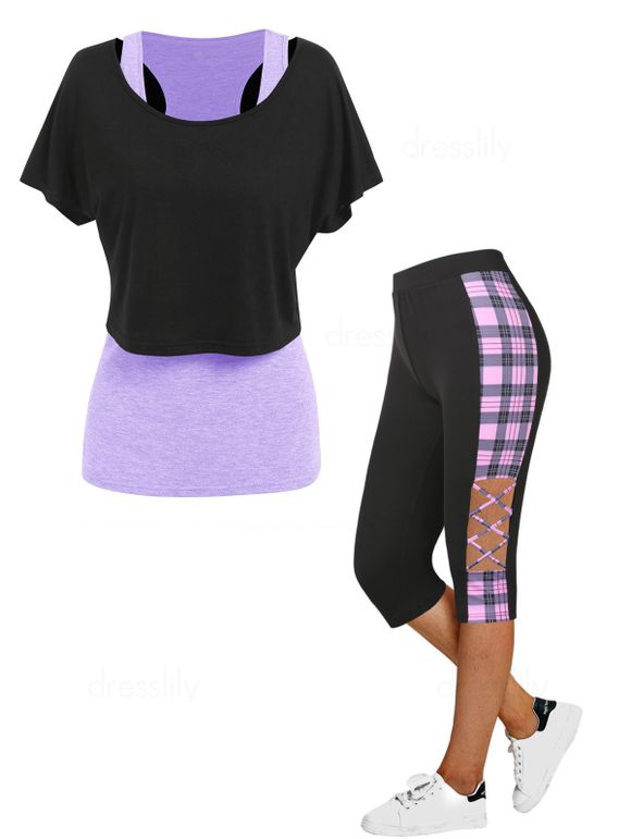 Ensemble de Tops en Blocs de Couleurs à Manches Courtes et Legging Court Panneau en Treillis - multicolor S