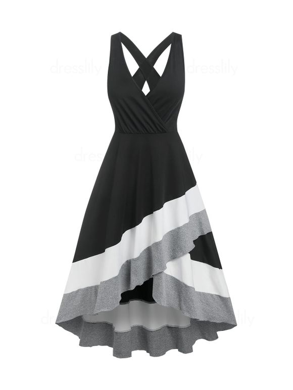 Colorblock High Low Dress Cross Back Surplice Plunge Midi Dress Casual Sleeveless Asymmetric Dress - BLACK XL