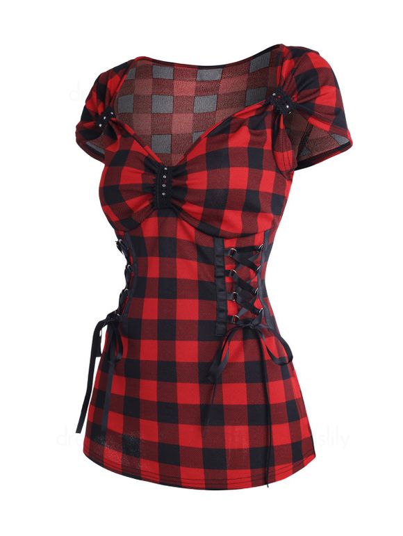Corset Lace Up T Shirt Sweetheart Neck Plaid Checkerboard Tee - RED XL