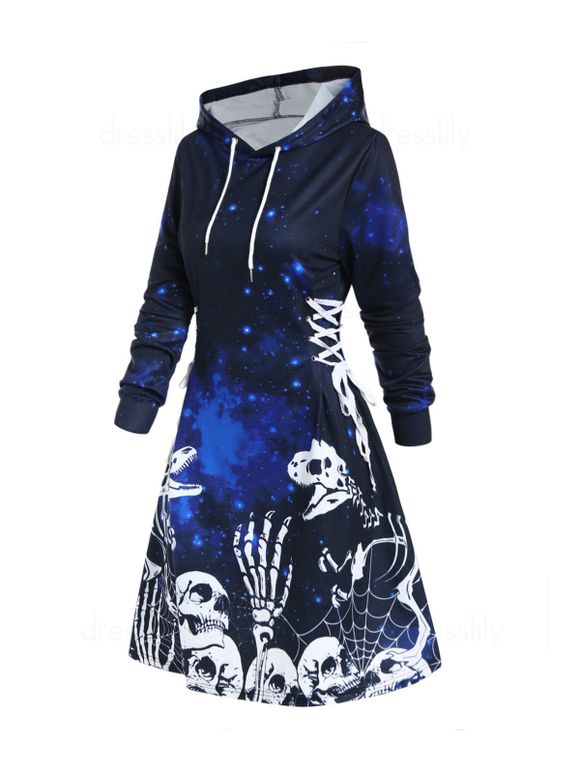 Mini Robe Ligne A à Capuche D'Halloween à Imprimé Crâne Squelette à Manches Longues à Cordon - Bleu profond S