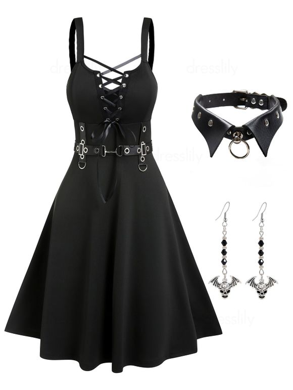 Gothic Outft Punk Lace Up D-ring Eyelet A Line Dress And Choker Necklace Hanging Earrings Set - BLACK S