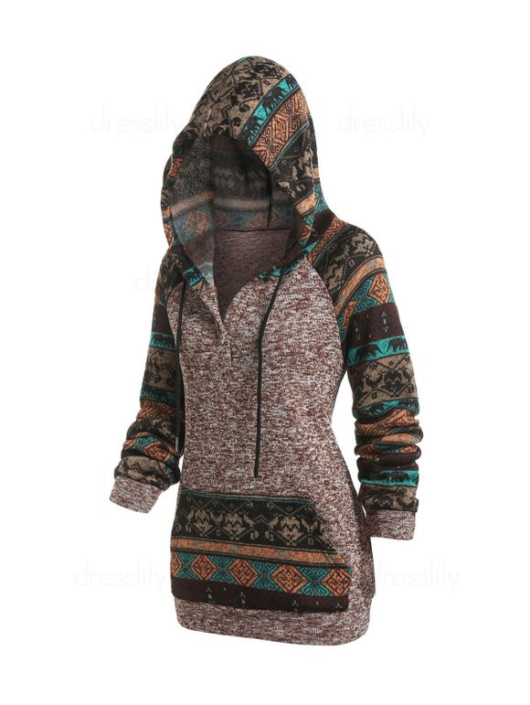 Hooded Tribal Pattern Raglan Sleeve Sweater - multicolor S