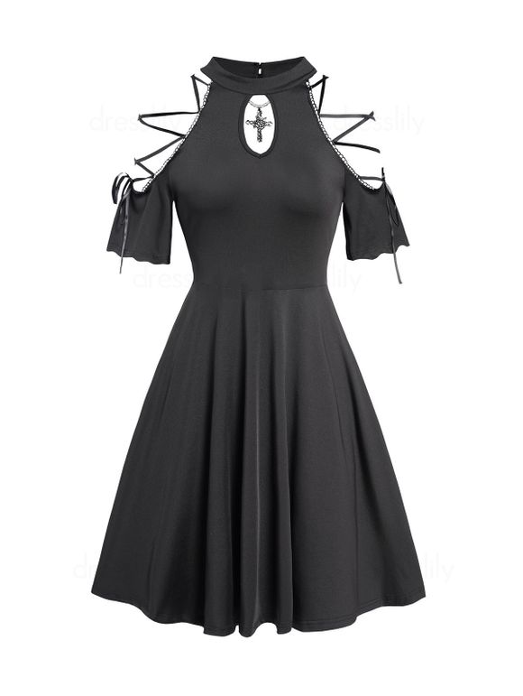 Gothic Dress Lattice Strap Cut Out Cold Shoulder Plain Color High Waisted A Line Mini Dress - BLACK XL
