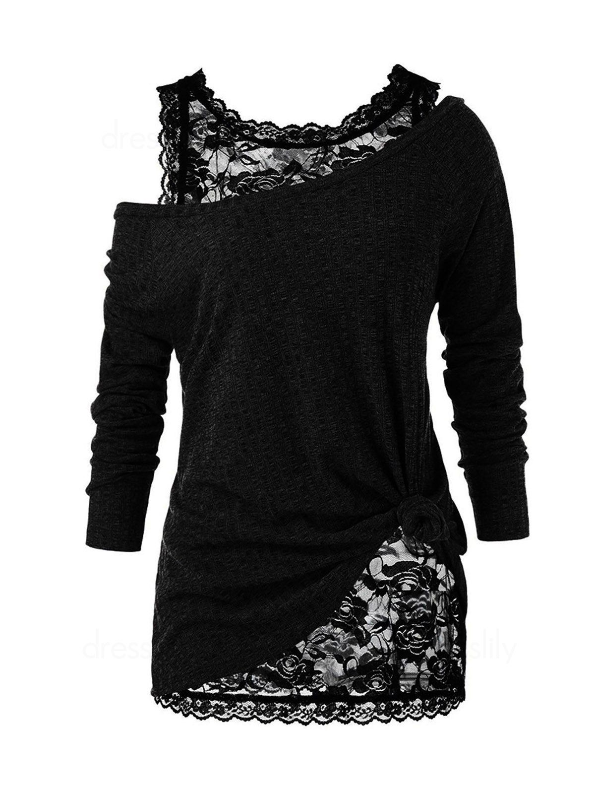 Dresslily Two Piece Top Sheer Floral Lace Tank Top And Solid Color Knit Textured Long Sleeve T Shirt Skew Neck Casual Top