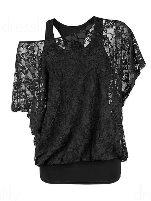 Solid Color Cami Top And Sheer Rose Lace Bat Sleeve Skew Neck T Shirt Casual Gothic Two Piece Top - BLACK M