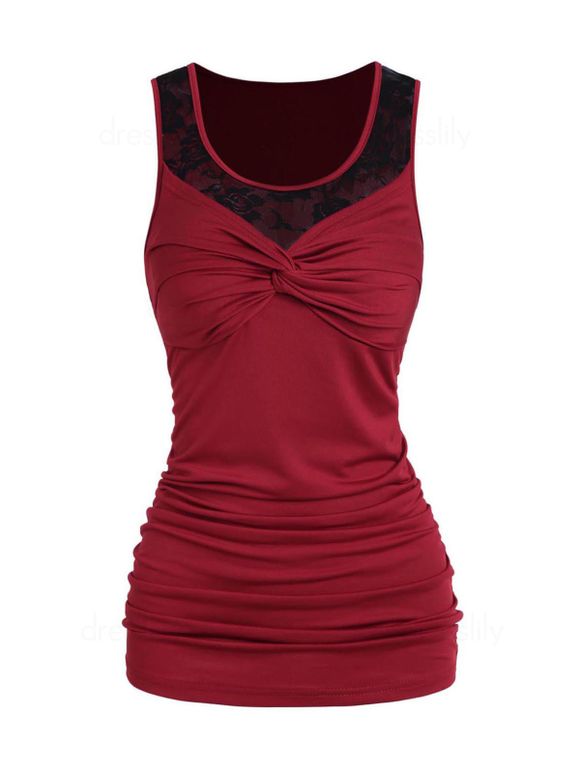 See Thru Rose Lace Panel Tank Top Twisted Ruched Casual Tank Top - DEEP RED XXL