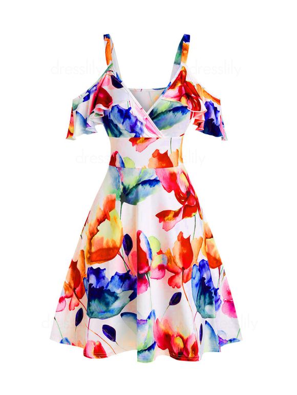Summer Flower Printed Cold Shoulder High Waist A line Mini Dress - WHITE XL
