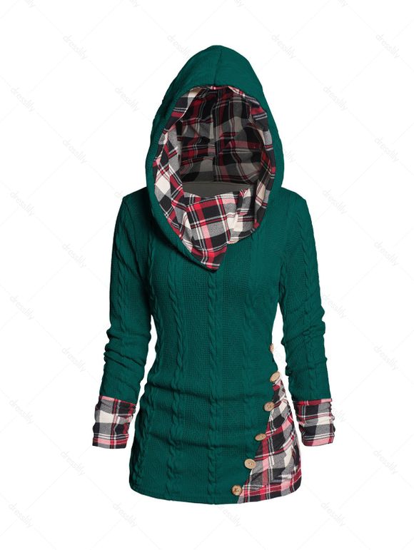 Pull à Capuche Boutonné à Carreaux Imprimé en Tricot à Câble à Col Châle - Vert XXXXXL