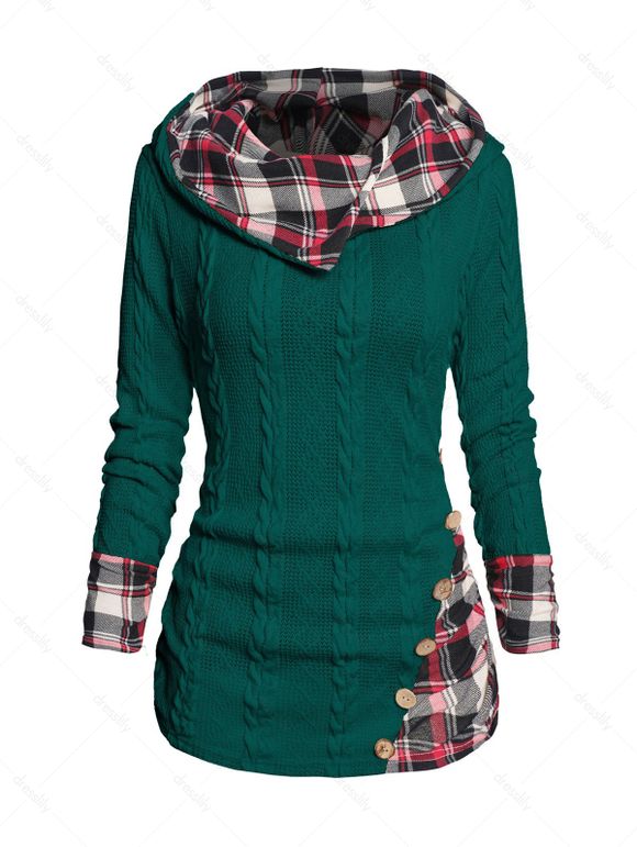Pull à Capuche Boutonné à Carreaux Imprimé en Tricot à Câble à Col Châle - Vert XXXXXL