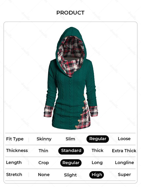 Pull à Capuche Boutonné à Carreaux Imprimé en Tricot à Câble à Col Châle - Vert XXXXXL