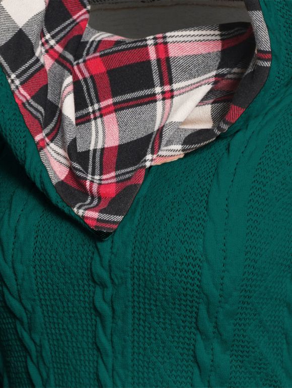 Pull à Capuche Boutonné à Carreaux Imprimé en Tricot à Câble à Col Châle - Vert XXXXXL