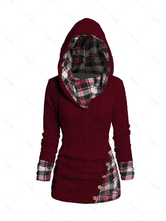 Pull à Capuche Boutonné à Carreaux Imprimé en Tricot à Câble à Col Châle - Rouge foncé M