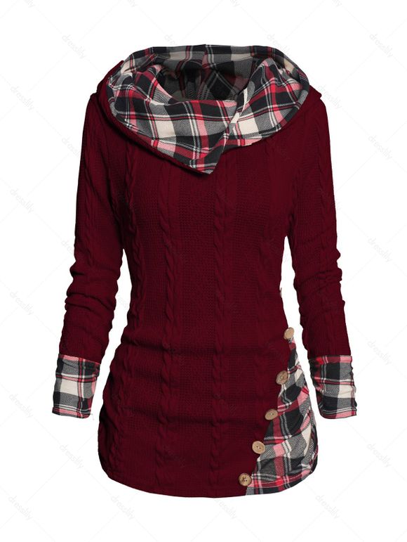 Pull à Capuche Boutonné à Carreaux Imprimé en Tricot à Câble à Col Châle - Rouge foncé M