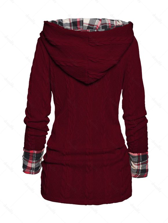 Pull à Capuche Boutonné à Carreaux Imprimé en Tricot à Câble à Col Châle - Rouge foncé M