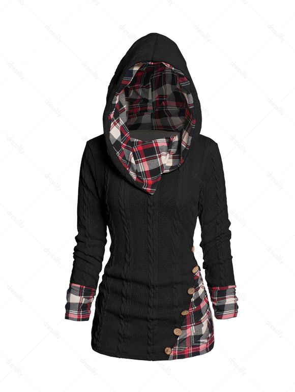 Pull à Capuche Boutonné à Carreaux Imprimé en Tricot à Câble à Col Châle - Noir XL
