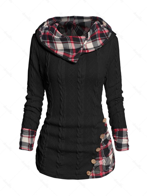 Pull à Capuche Boutonné à Carreaux Imprimé en Tricot à Câble à Col Châle - Noir XL