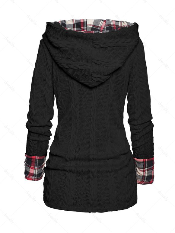 Pull à Capuche Boutonné à Carreaux Imprimé en Tricot à Câble à Col Châle - Noir XL