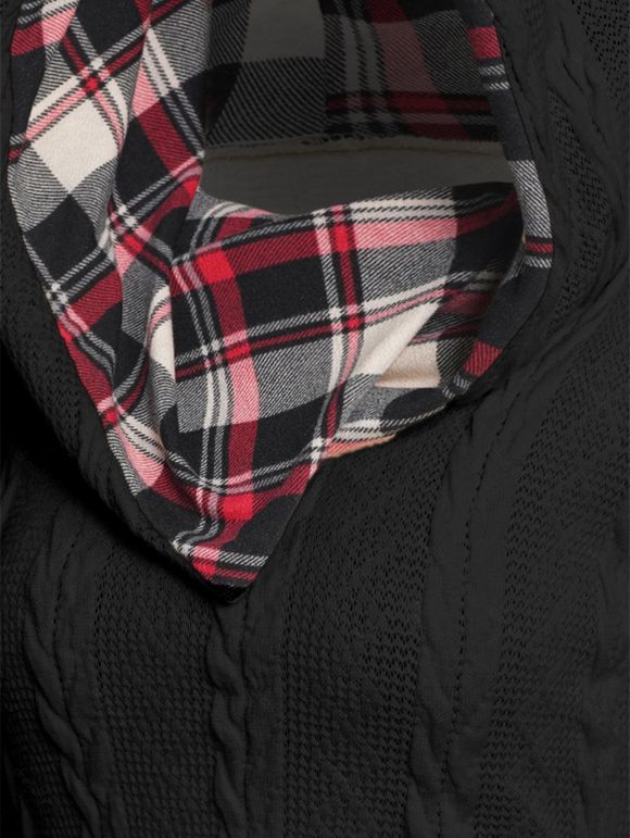 Pull à Capuche Boutonné à Carreaux Imprimé en Tricot à Câble à Col Châle - Noir XL