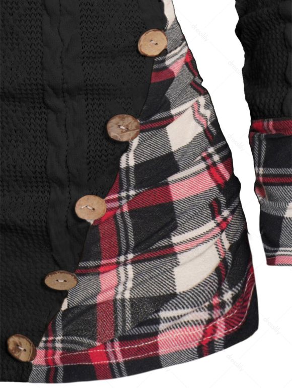 Pull à Capuche Boutonné à Carreaux Imprimé en Tricot à Câble à Col Châle - Noir XL