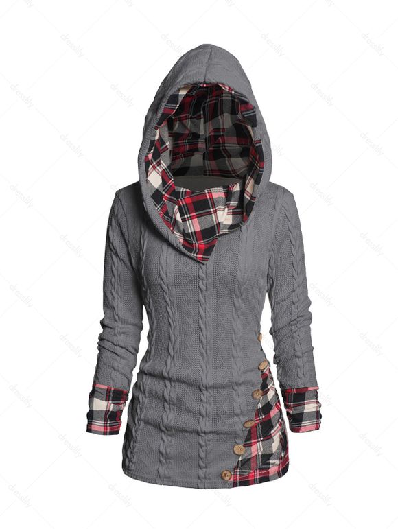Pull à Capuche Boutonné à Carreaux Imprimé en Tricot à Câble à Col Châle - Gris M