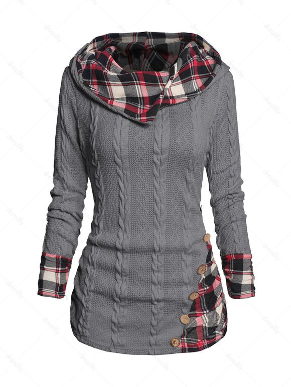 Pull à Capuche Boutonné à Carreaux Imprimé en Tricot à Câble à Col Châle - Gris M