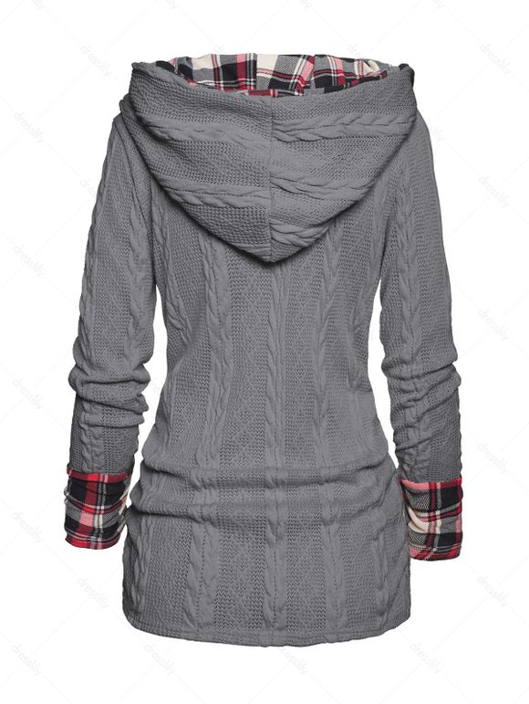 Pull à Capuche Boutonné à Carreaux Imprimé en Tricot à Câble à Col Châle - Gris M