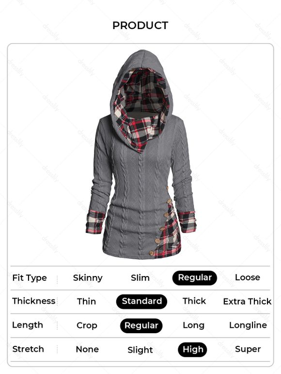 Pull à Capuche Boutonné à Carreaux Imprimé en Tricot à Câble à Col Châle - Gris M