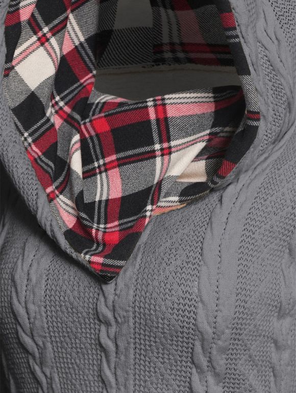 Pull à Capuche Boutonné à Carreaux Imprimé en Tricot à Câble à Col Châle - Gris M