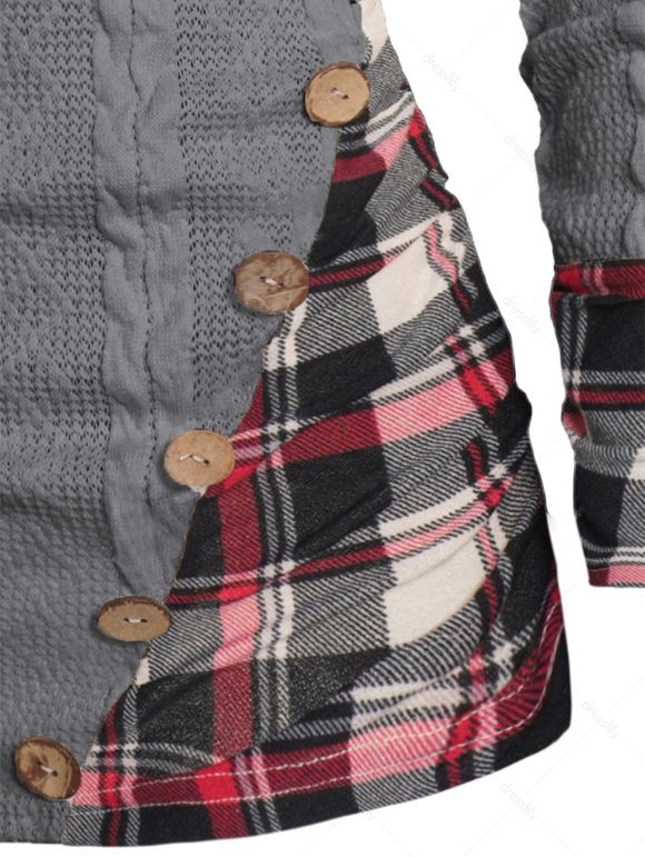 Pull à Capuche Boutonné à Carreaux Imprimé en Tricot à Câble à Col Châle - Gris M