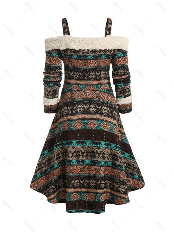 Robe Tribale Imprimée Haute Basse à Epaule Ouverte - Brun Foncé L