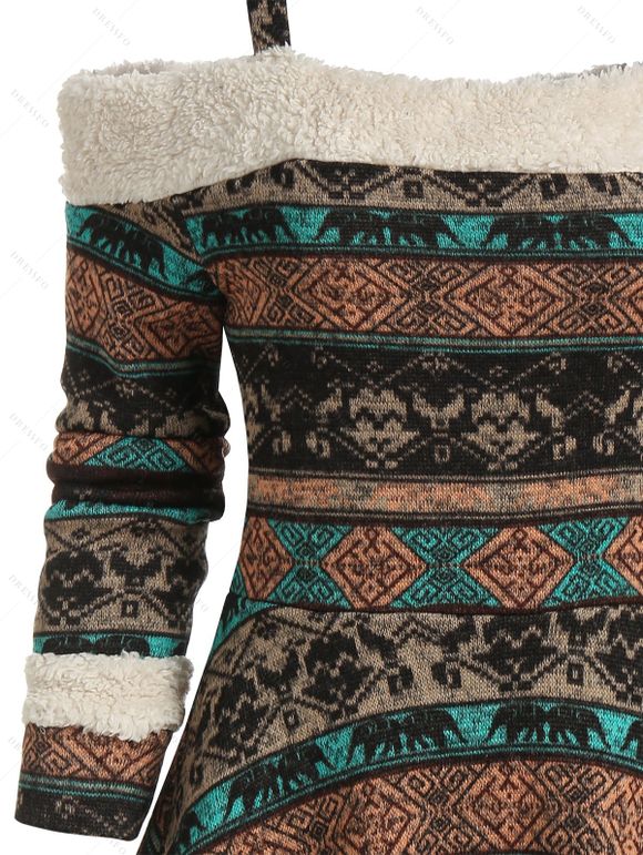 Robe Tribale Imprimée Haute Basse à Epaule Ouverte - Brun Foncé L