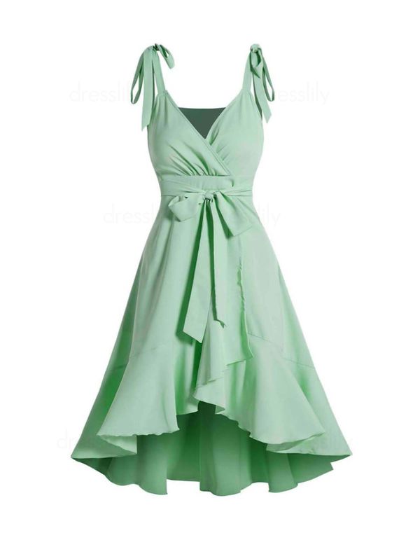 Solid Color Surplice Plunge Midi Dress Bowknot Tie Shoulder Belted Overlap Flounce High Waist Dress - LIGHT GREEN M
