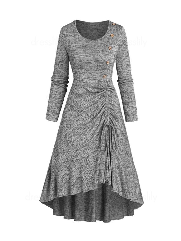 Space Dye Dress Midi Dress Mock Button Cinched Flounce Long Sleeve High Low Dress - LIGHT GRAY XXXL