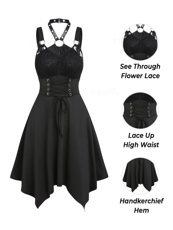 Robe Corset Asymétrique Rose Gothique Ligne A en O à Lacets - Noir XL