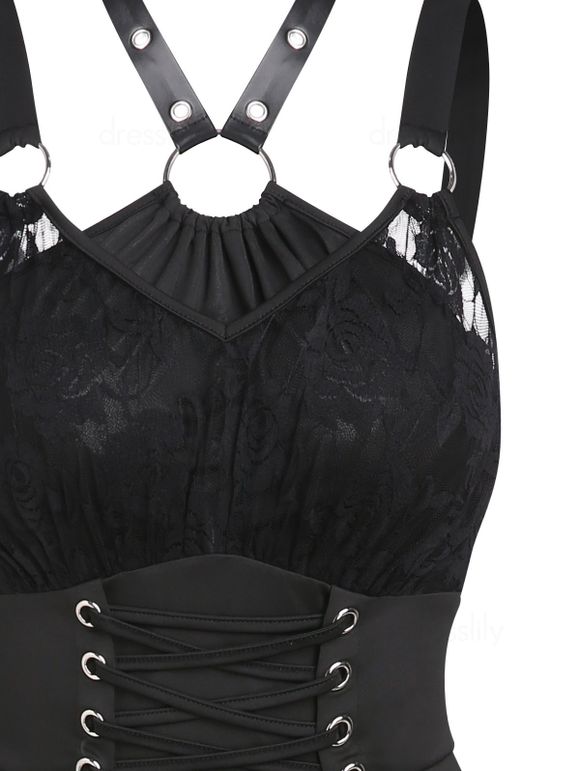 Robe Corset Asymétrique Rose Gothique Ligne A en O à Lacets - Noir XL