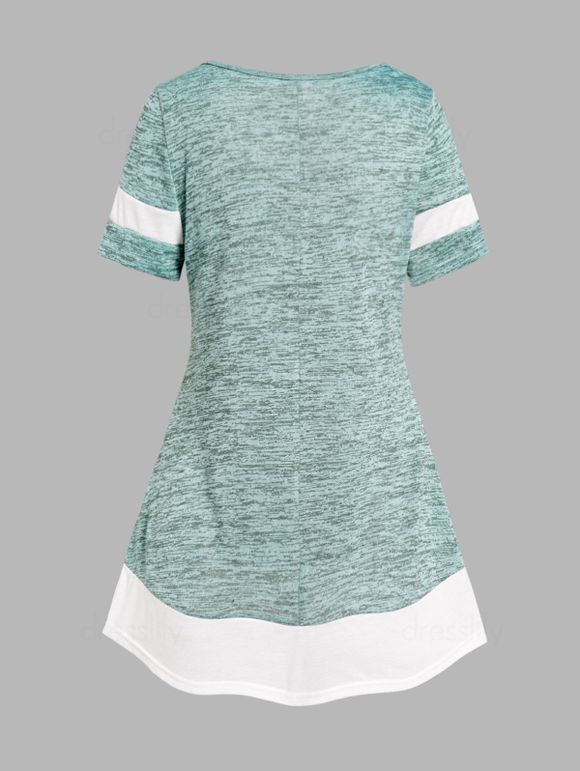 T-shirt Décontracté Chiné Contrasté avec Bouton Faux Deux Pièces - Vert S