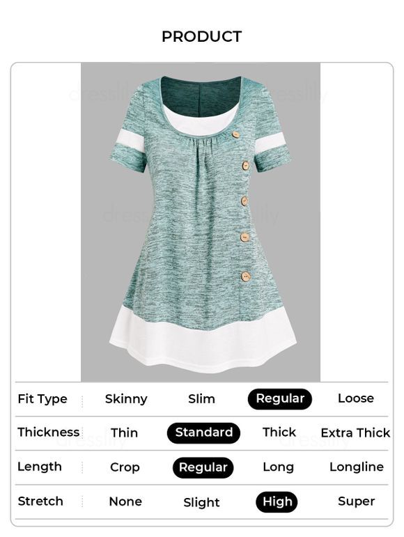 T-shirt Décontracté Chiné Contrasté avec Bouton Faux Deux Pièces - Vert S