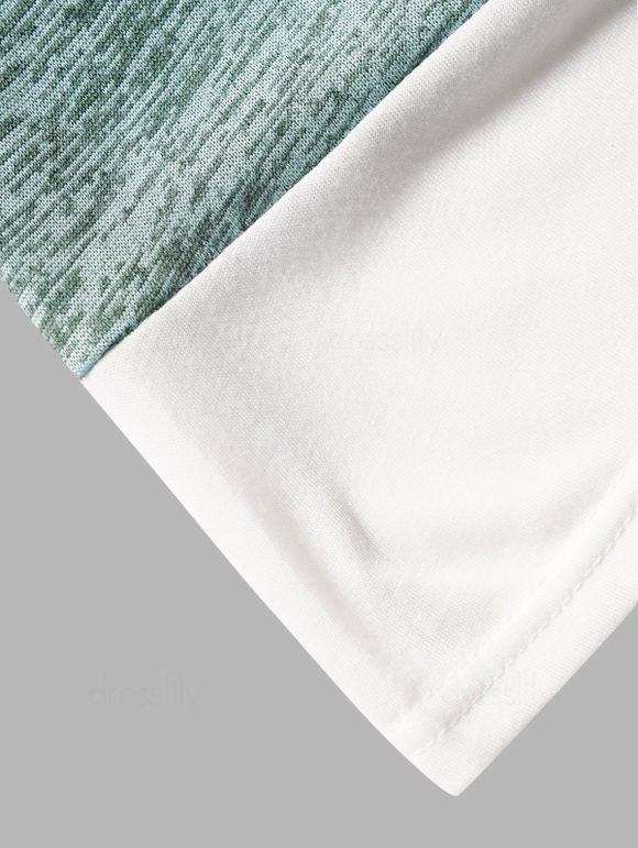 T-shirt Décontracté Chiné Contrasté avec Bouton Faux Deux Pièces - Vert S