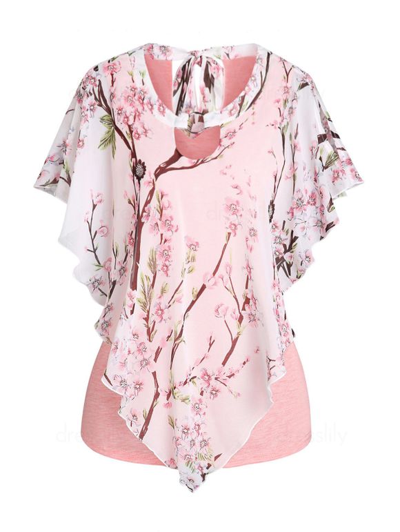 T-shirt Asymétrique Chiné Découpé à Imprimé Fleuri en Mousseline - Rose clair S