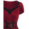 Mini Robe Ligne A Gothique Superposée avec Œillet en Dentelle en Couleur Unie à Taille Haute - Rouge foncé XL