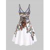Robe Mini d'Eté et Soirée Évasée à Bretelles à Imprimé Feuille et Fleur en Ligne A de Vacances - Blanc 3XL