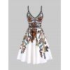 Robe Mini d'Eté et Soirée Évasée à Bretelles à Imprimé Feuille et Fleur en Ligne A de Vacances - Blanc 3XL