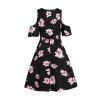 Flower Print Cold Shoulder Mini Dress Applique Eyelet Plunging Neck Short Sleeve Dress - BLACK M