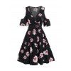 Robe Applique à Imprimé Fleur Epaule Dénudée Manches Courtes à Col Plongeant - Noir L