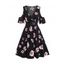 Robe Applique à Imprimé Fleur Epaule Dénudée Manches Courtes à Col Plongeant - Noir L