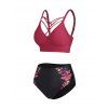Maillot de Bain Tankini Style Punk Fleuri Papillon en Treillis à Taille Haute - Rouge foncé XL