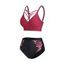 Maillot de Bain Tankini Style Punk Fleuri Papillon en Treillis à Taille Haute - Rouge foncé XL