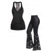 Ensemble de Débardeur Evasé Croisé en Dentelle et Pantalon Evasé à Imprimé Etoile Lune et Soleil - Noir S
