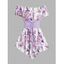 Butterfly Flower Print T Shirt Ruffle Off The Shoulder Lace Up Colorblock Asymmetrical Hem Long Tee - LIGHT PURPLE XL
