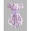 T-shirt Asymétrique à Imprimé Fleur et Papillon en Blocs de Couleurs à Epaule Dénudée à Lacets - Violet clair XXL